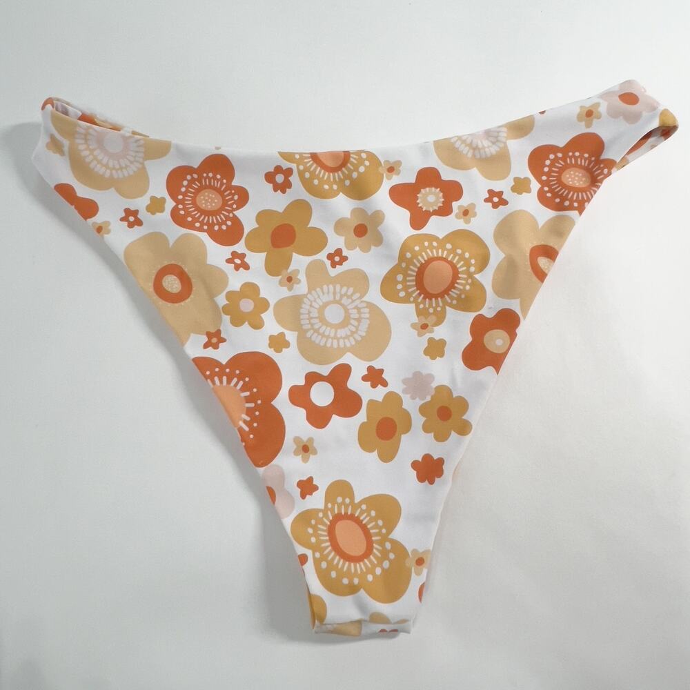 Aurelle L McCall Bikini Set Orange Retro Floral Print Two Piece Bold Bright - Picture 6 of 11